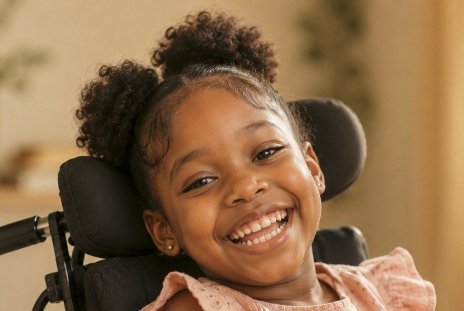 Amber smiling while seated in her supportive wheelchair
