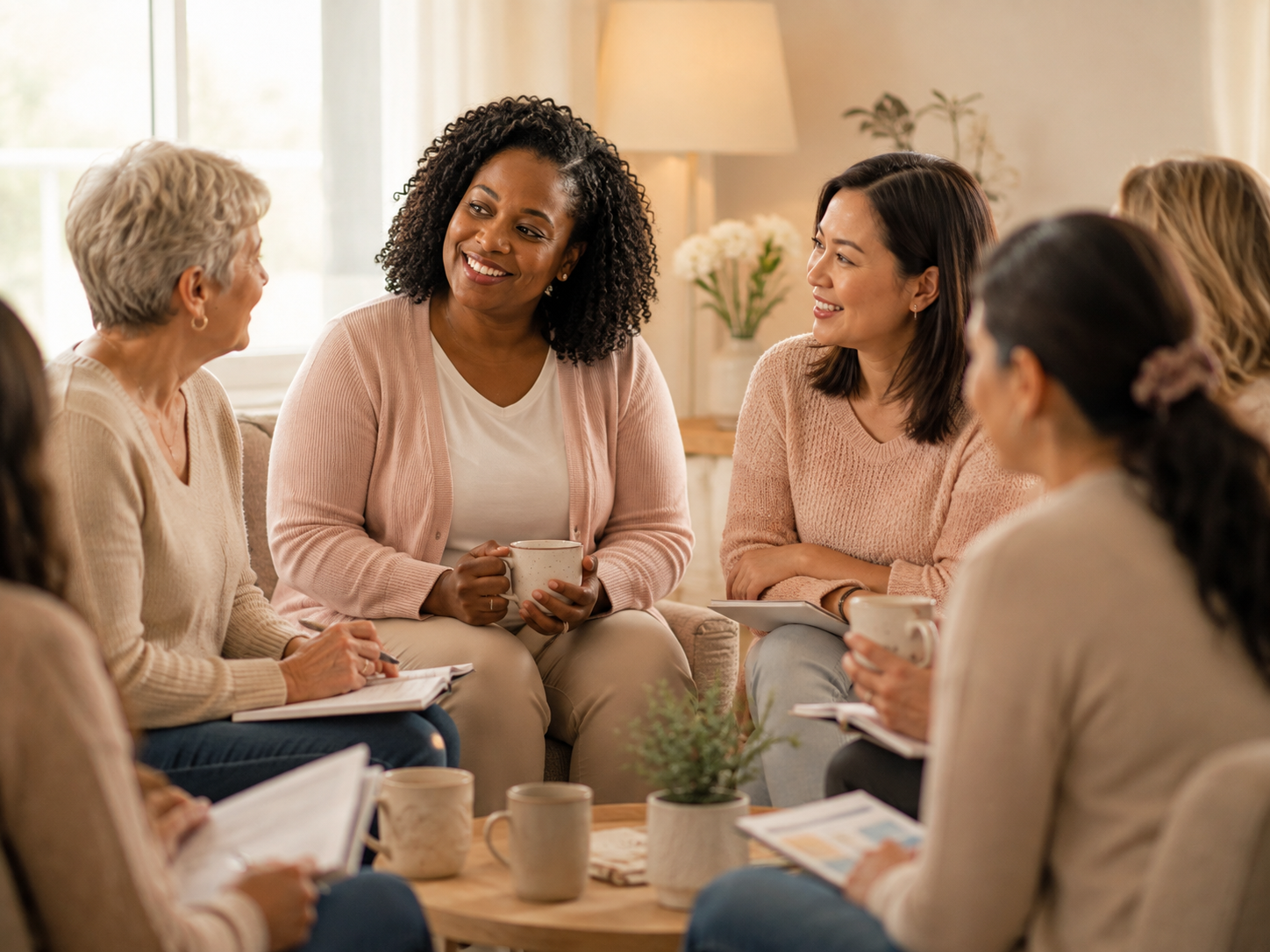 Caregivers gathered together in a warm community conversation