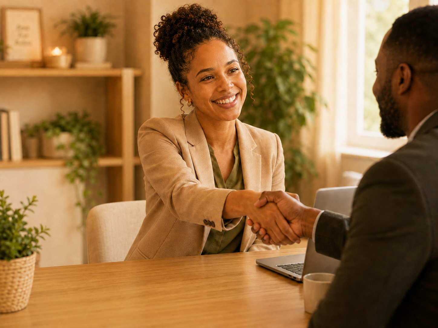 Two corporate partners shaking hands during a warm professional meeting