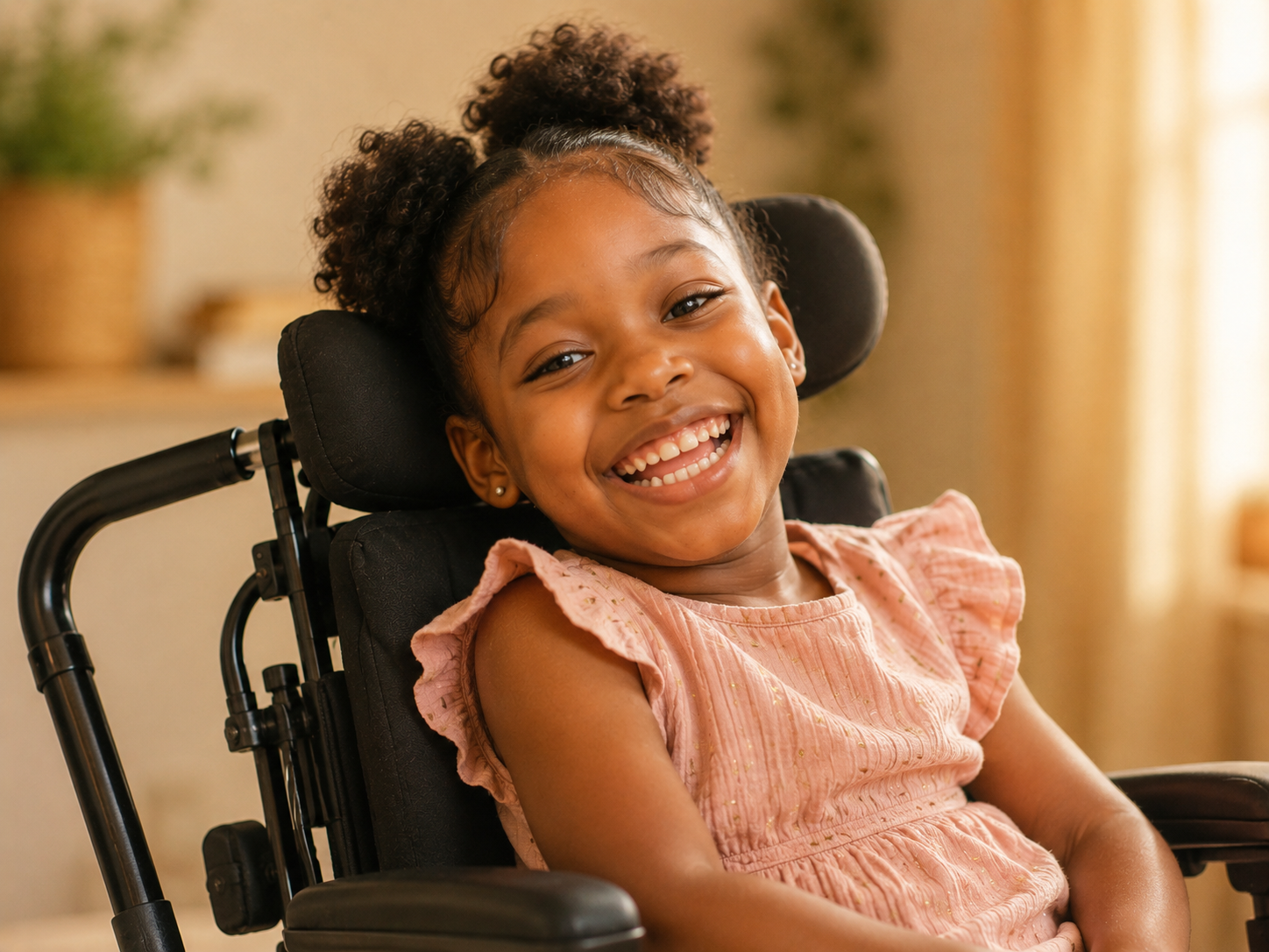 A smiling Black girl seated comfortably in her wheelchair in warm natural light
