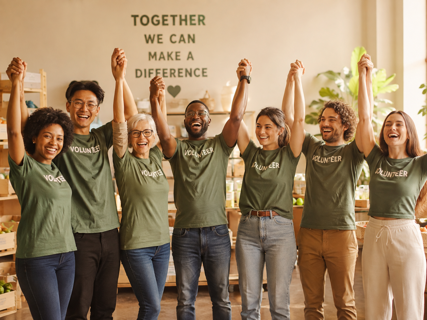 A diverse group of volunteers celebrating their shared support
